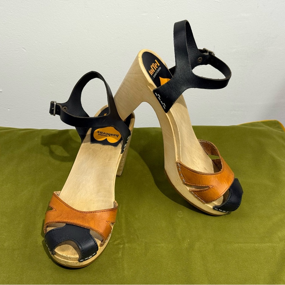 Swedish Hasbeens Sky High Two Tone Black and Tan Sandals